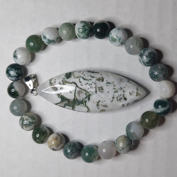 Tree Agate stone pendant and Tree Agate stone 8mm bead bracelet bundle #1 - Picture 2 of 7